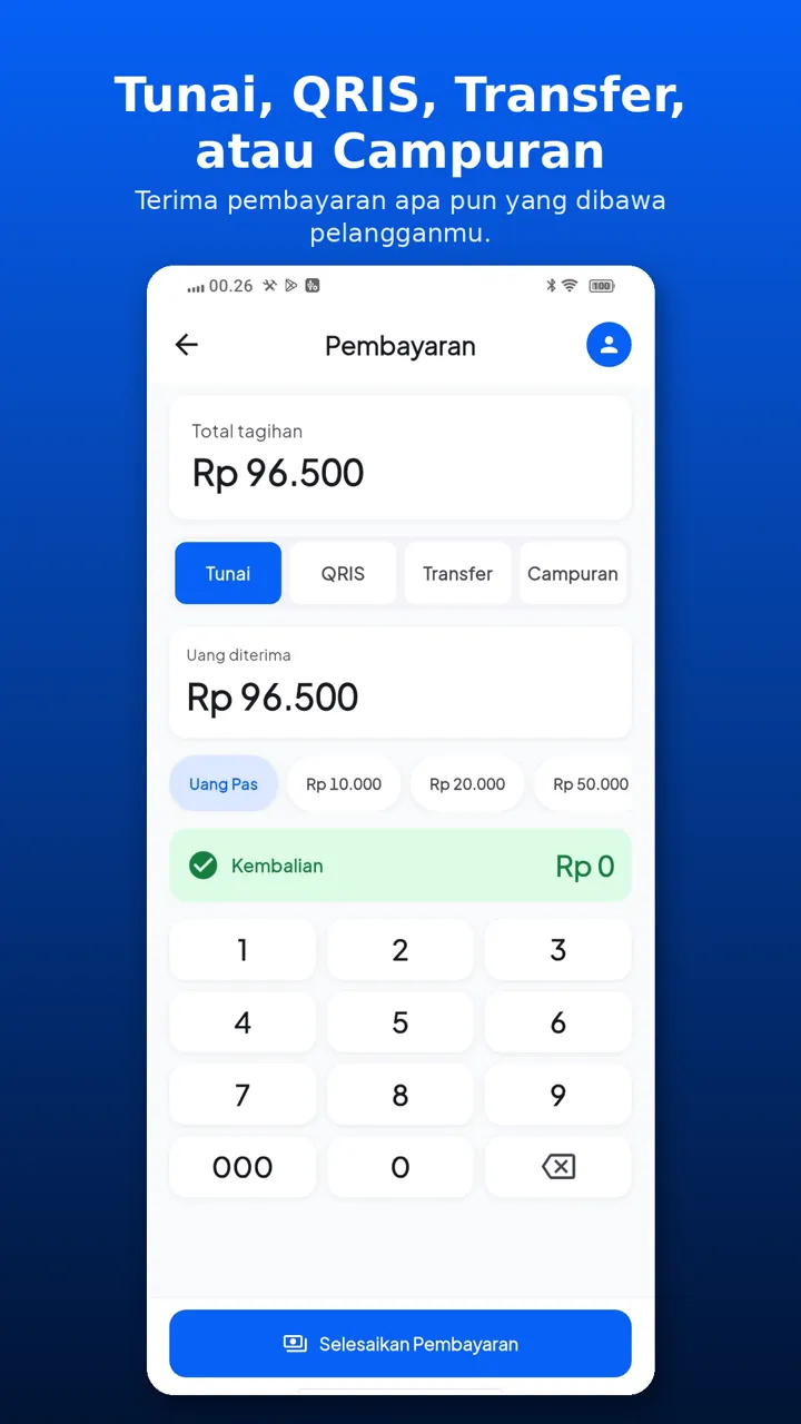 Layar pembayaran Andalan Plus Kasir dengan pilihan Tunai, QRIS, Transfer, dan Campuran