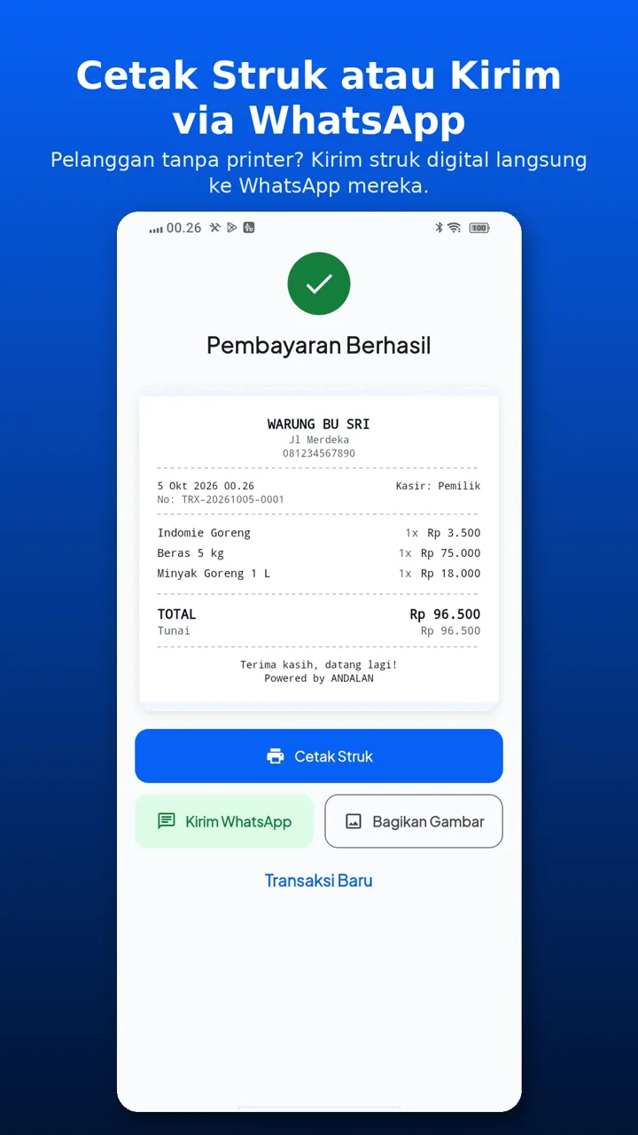 Layar pembayaran berhasil dengan struk Warung Bu Sri dan tombol Cetak Struk serta Kirim WhatsApp