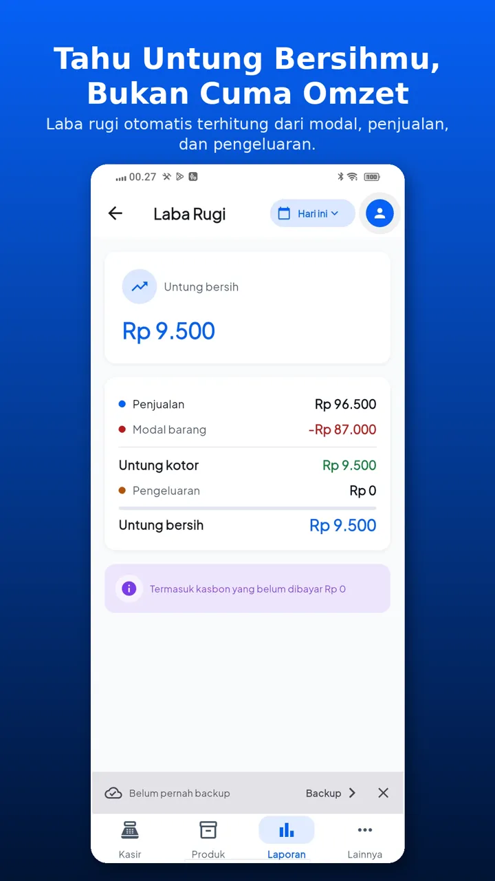 Layar laba rugi Andalan Plus Kasir: penjualan, modal barang, pengeluaran, dan untung bersih