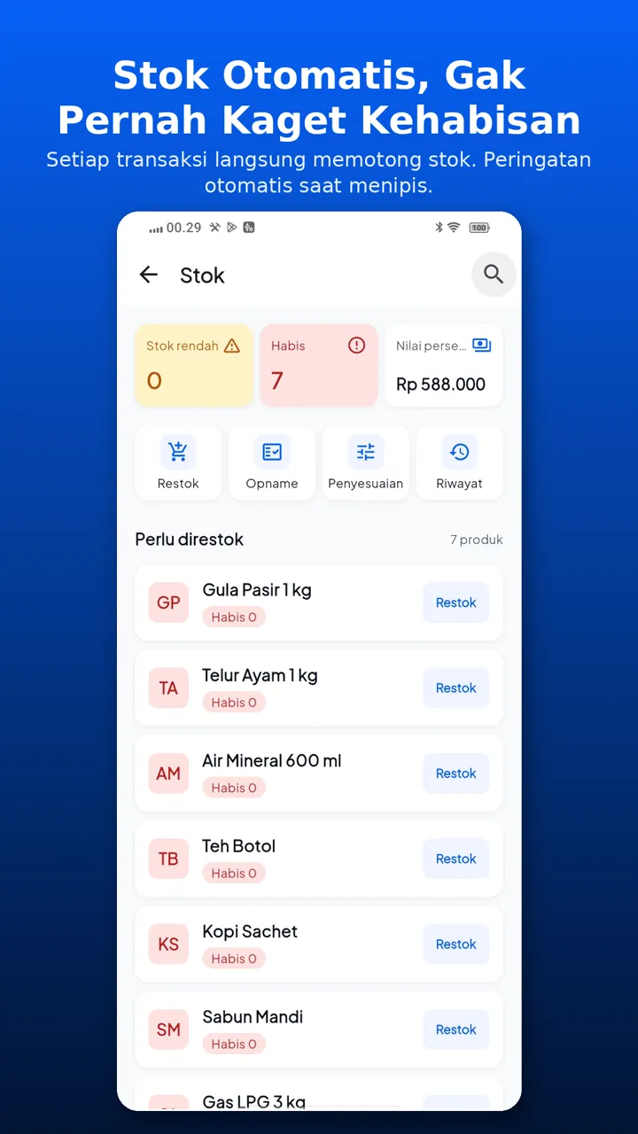 Layar stok Andalan Plus Kasir berisi ringkasan stok rendah, barang habis, dan daftar produk yang perlu direstok