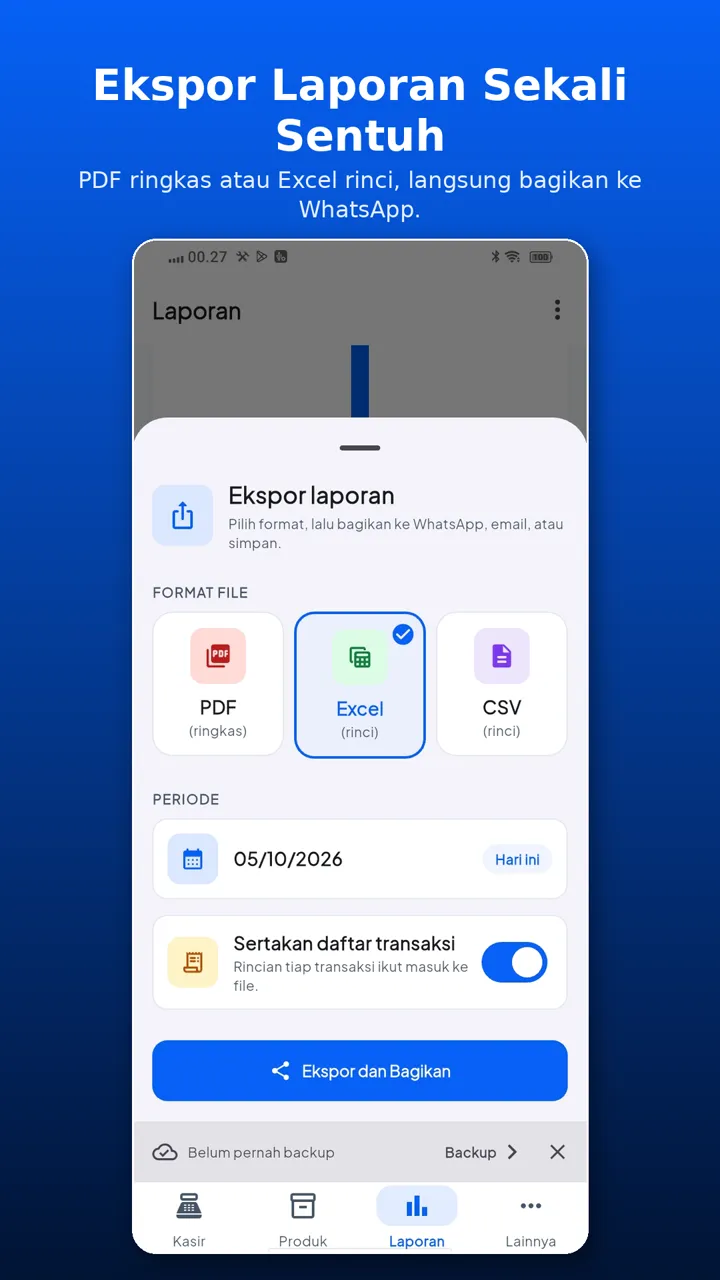 Layar ekspor laporan Andalan Plus Kasir dengan pilihan format PDF, Excel, dan CSV