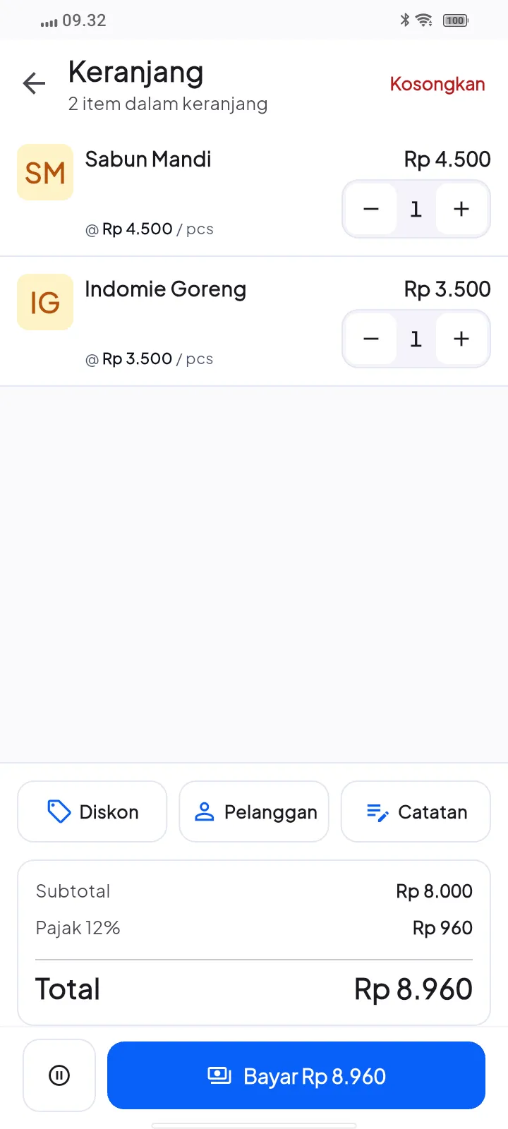 Layar keranjang Andalan Plus Kasir berisi Sabun Mandi dan Indomie Goreng, dengan pilihan diskon dan pelanggan