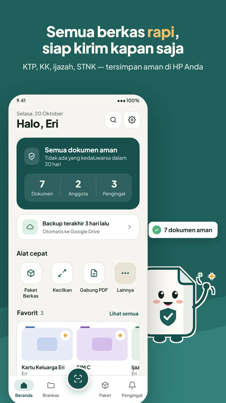 Beranda Siap Berkas: status semua dokumen aman, jumlah dokumen, anggota, pengingat, dan alat cepat