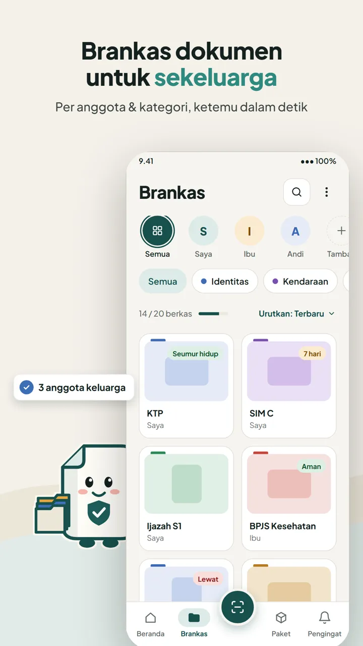 Brankas dokumen dengan filter anggota keluarga dan kategori, kartu KTP, SIM, ijazah, dan BPJS