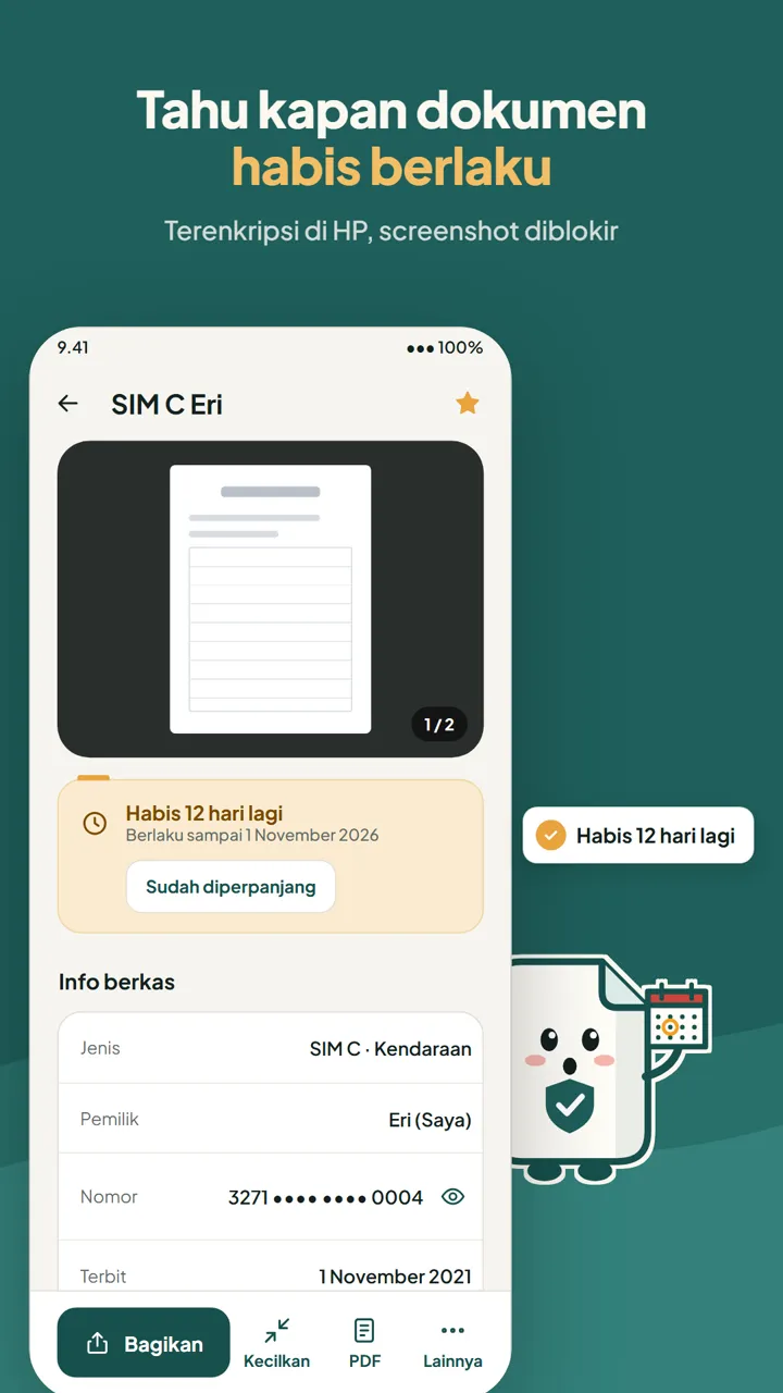 Detail dokumen SIM dengan peringatan habis 12 hari lagi dan info berkas dengan nomor tersamar