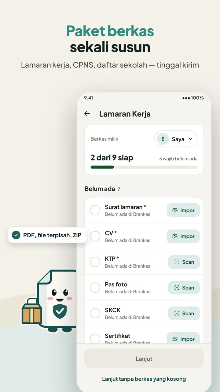 Susun paket berkas lamaran kerja: daftar dokumen wajib, progres 2 dari 9 siap