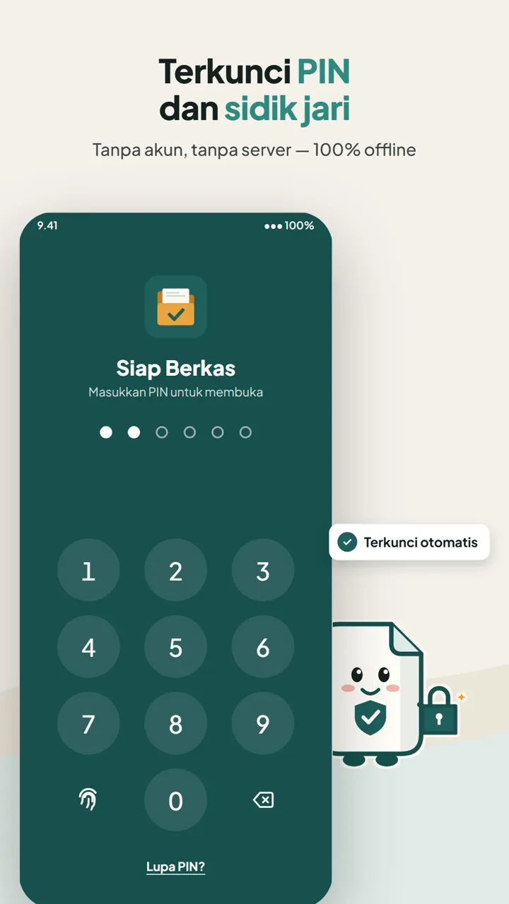 Layar kunci aplikasi dengan PIN 6 digit dan tombol sidik jari