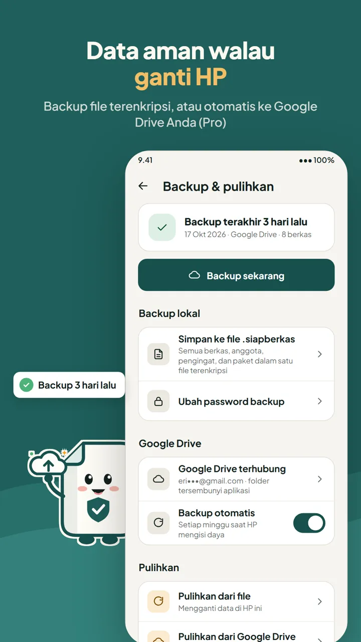 Backup dan pulihkan: backup lokal terenkripsi dan backup otomatis ke Google Drive