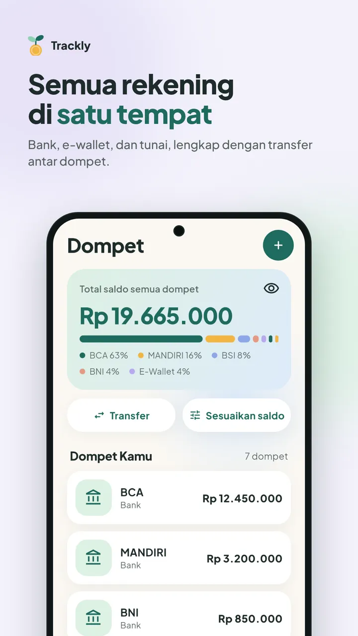 Layar dompet Andalan Plus Trackly: total saldo semua dompet, tombol Transfer dan Sesuaikan saldo, serta daftar rekening bank