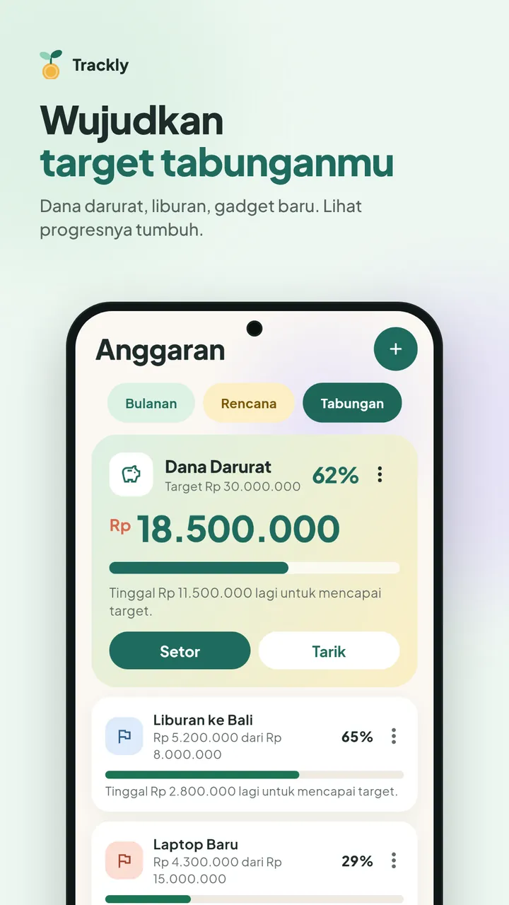 Layar tabungan Andalan Plus Trackly: target Dana Darurat 62 persen dengan tombol Setor dan Tarik, serta target lain