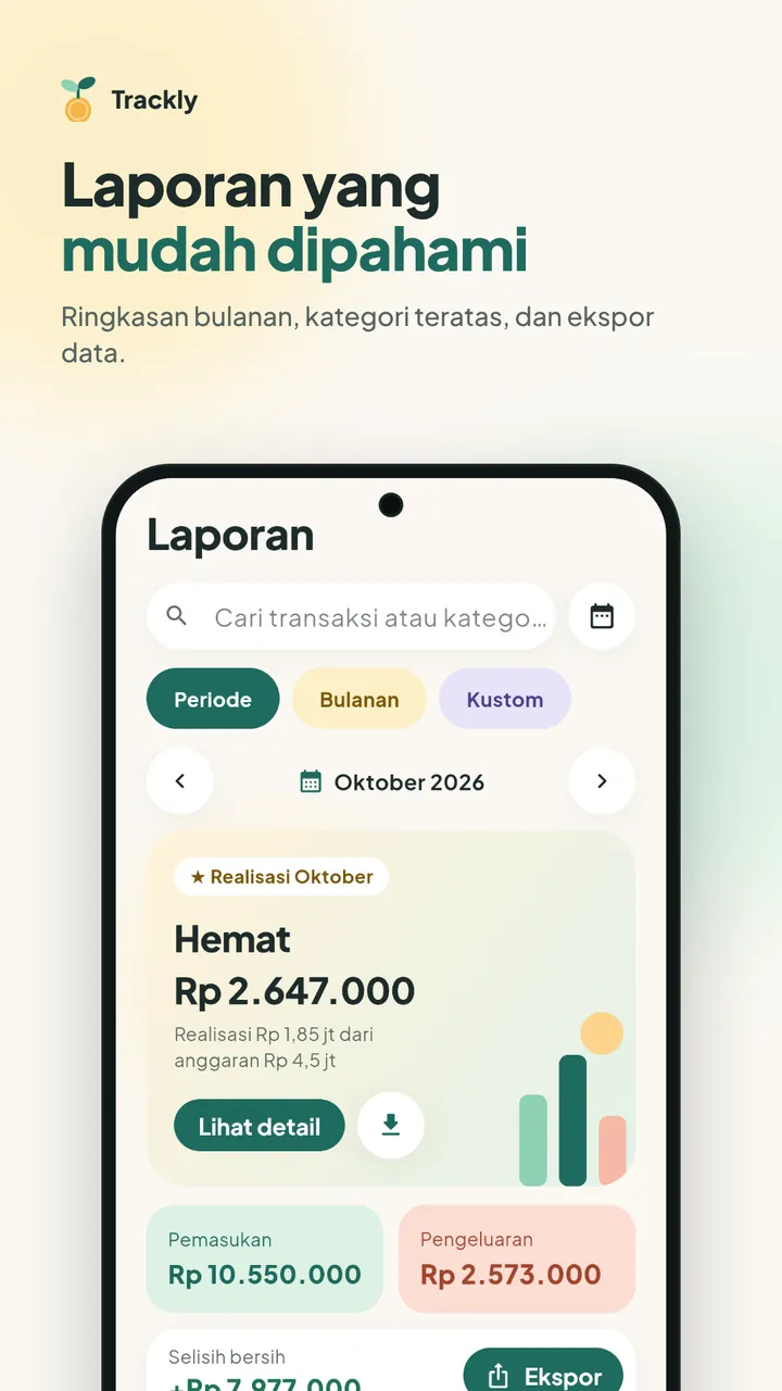 Layar laporan Andalan Plus Trackly: ringkasan Oktober 2026, total pemasukan dan pengeluaran, serta tombol Ekspor