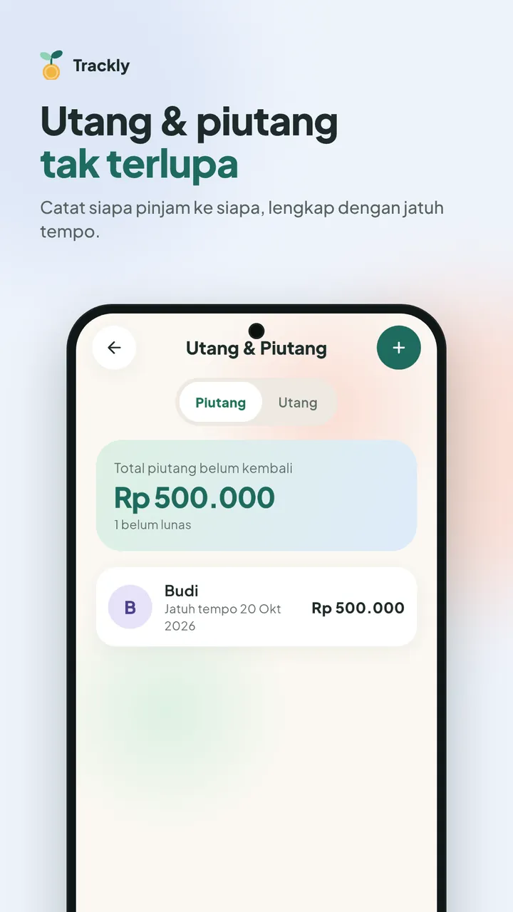 Layar utang dan piutang Andalan Plus Trackly: total piutang Rp 500.000 dengan tanggal jatuh tempo