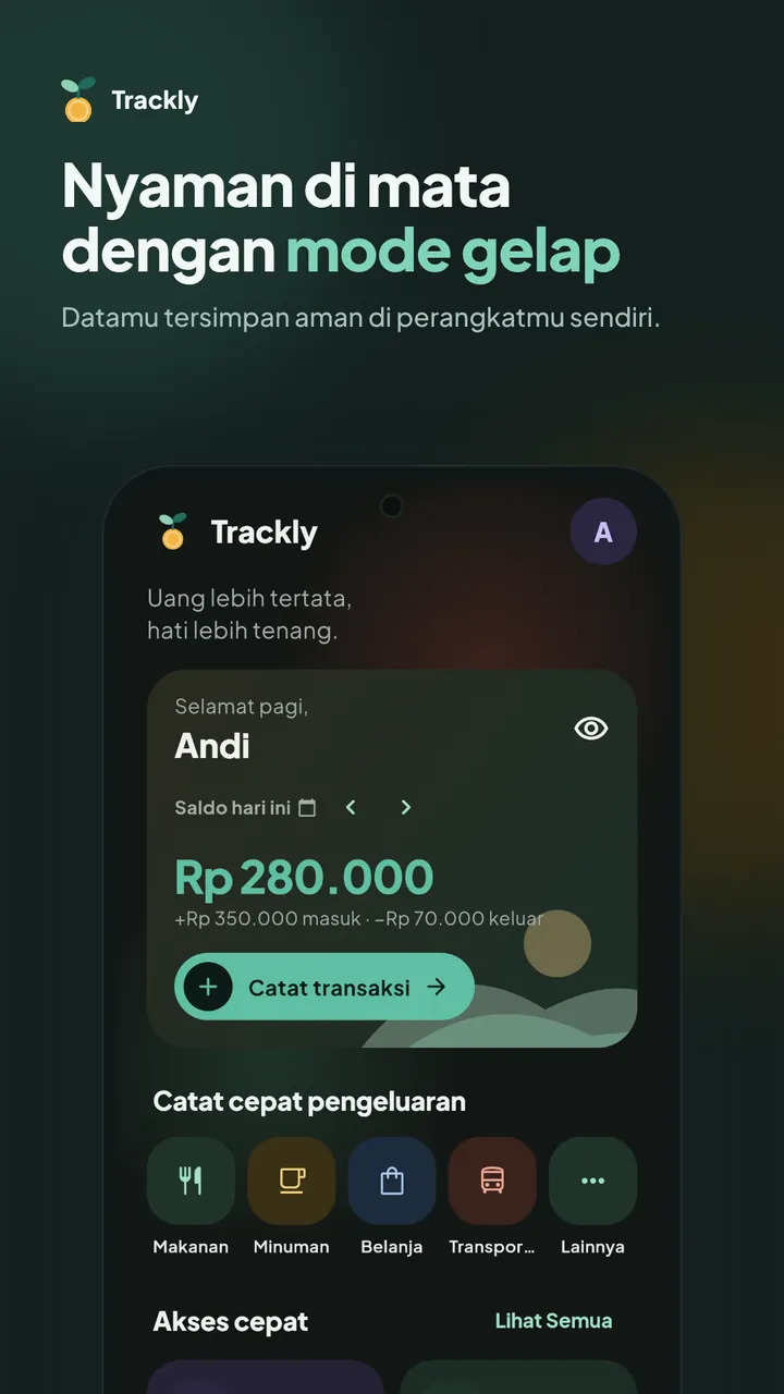 Layar utama Andalan Plus Trackly dalam mode gelap: saldo hari ini dan catat cepat pengeluaran